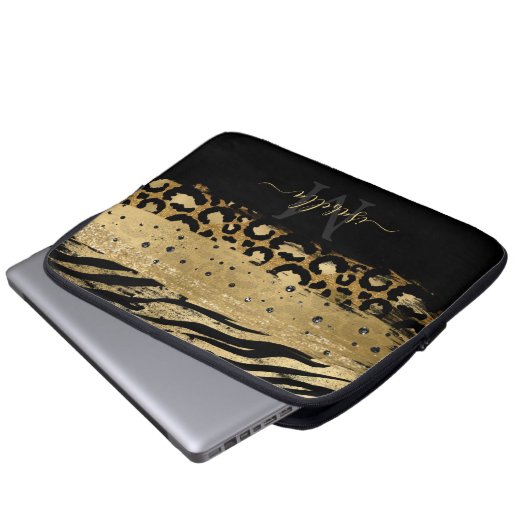 Mit Monogramm Schwarzes Gold Elegantes Script Gold Laptopschutzhülle (Vorne Knopf)