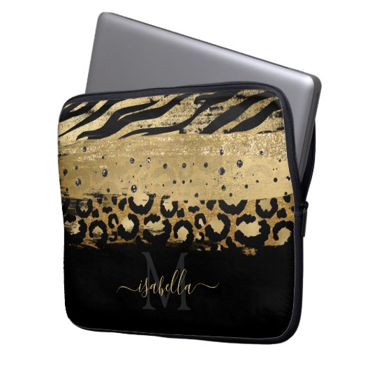 Mit Monogramm Schwarzes Gold Elegantes Script Gold Laptopschutzhülle (Vorderseite Links)