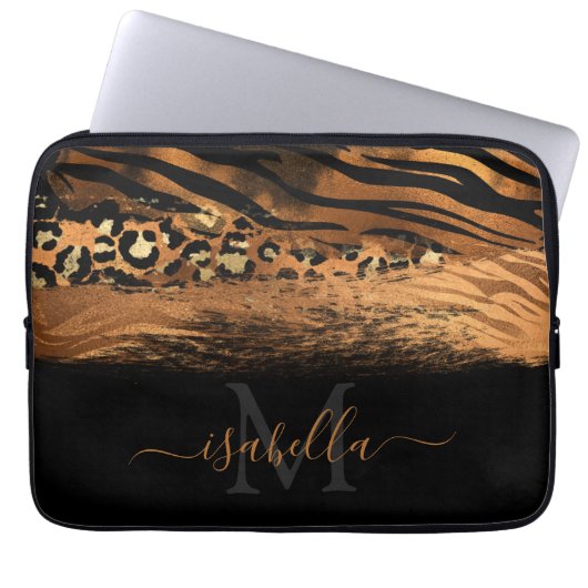 Mit Monogramm Schwarzes Gold Elegantes Skript Kupf Laptopschutzhülle (Vorderseite)