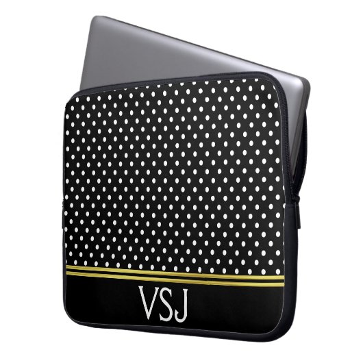 Mit Monogramm Schwarzweiss-Polka-Punkt-Muster Laptopschutzhülle (Vorderseite Links)