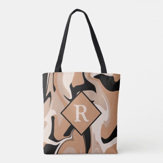 Mit Monogramm Schwarzweißcreme-Marmor Swirl-Muster Tasche (Rückseite)