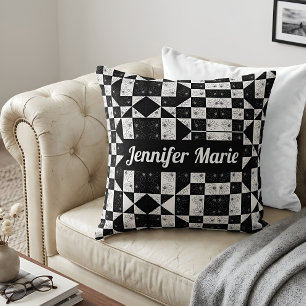 Mit Monogramm Schwarzweißdruck mit karierter Blauf Kissen