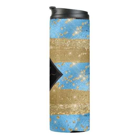 Mit Monogramm Script Blue Gold Thermosbecher (Nach rechts gedreht)