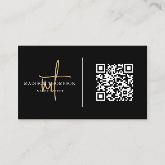 Mit Monogramm Script Typografie Black Gold QR Code Visitenkarte (Vorderseite)