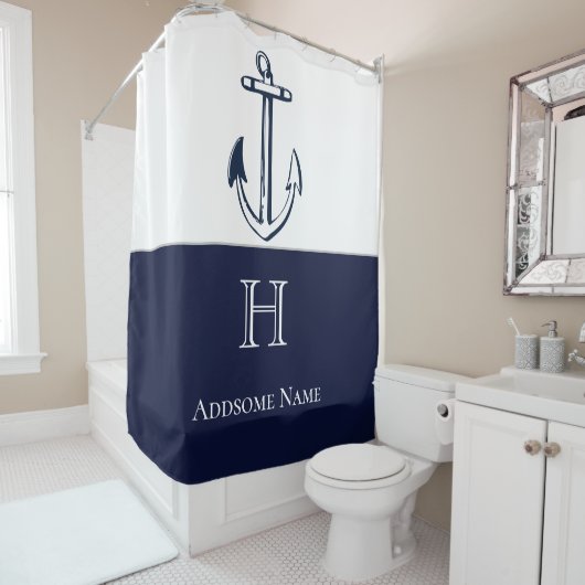 Mit Monogramm Show der Navy Blue Anchor Coastal Duschvorhang (Beispiel)