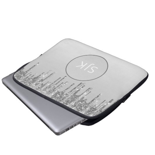 Mit Monogramm Silber Drilling Glitzer Girly Laptopschutzhülle (Vorne Knopf)
