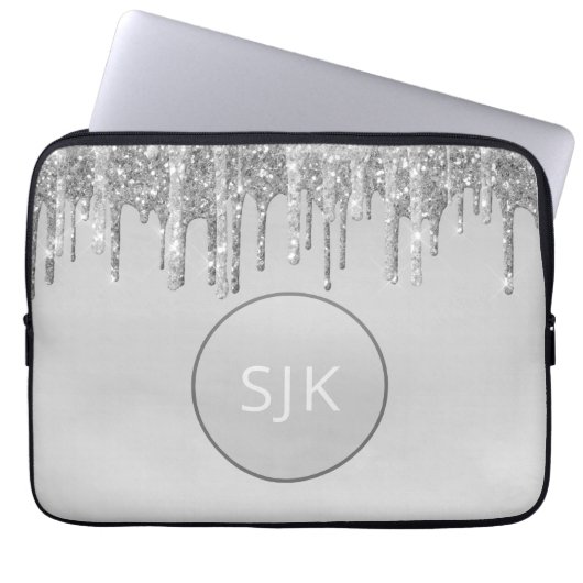 Mit Monogramm Silber Drilling Glitzer Girly Laptopschutzhülle (Vorderseite)