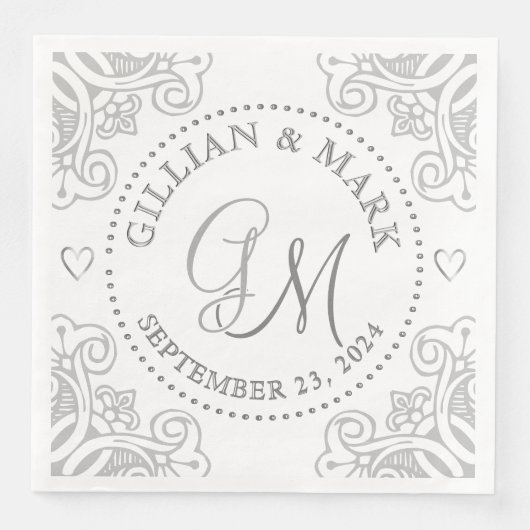 Mit Monogramm Silberhochzeit Napkins Herzgrenze Serviette (Vorderseite)