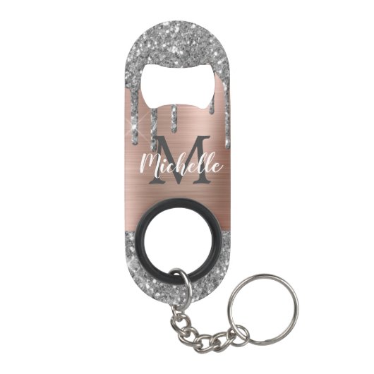 Mit Monogramm Silver Glitzer Tropfen Rose Gold Met Mini Flaschenöffner (Rückseite)