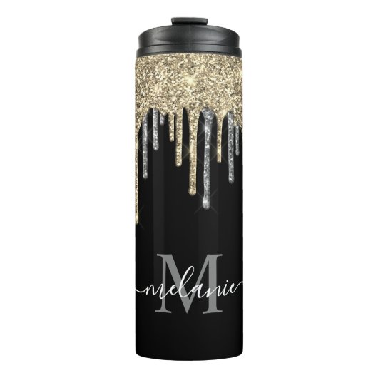 Mit Monogramm Silver- und Gold-Glitzer-Tropfen Thermosbecher (Vorderseite)