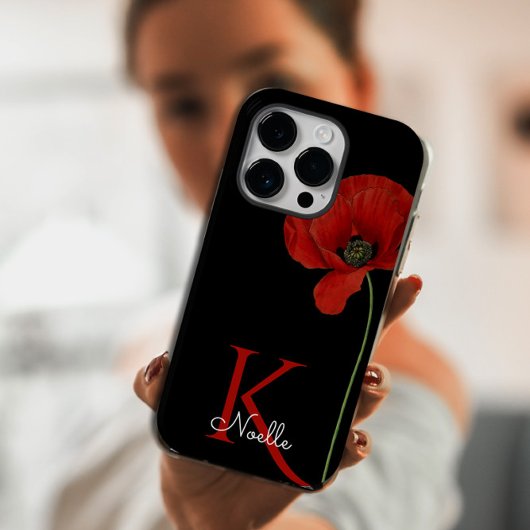 Mit Monogramm Single Roter Mohn auf schwarz iPhone Hülle