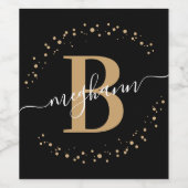 Mit Monogramm Skript für elegantes Schwarzes Gold Weinetikett (Einzelnes Label)