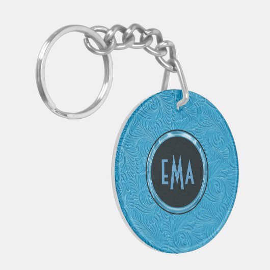 Mit Monogramm Sky Blue Embossed Blumenmuster Schlüsselanhänger (Vorderseite links)