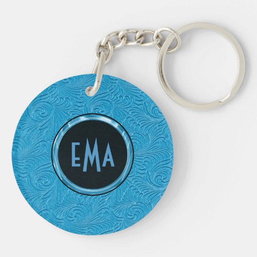 Mit Monogramm Sky Blue Embossed Blumenmuster Schlüsselanhänger (Rückseite)