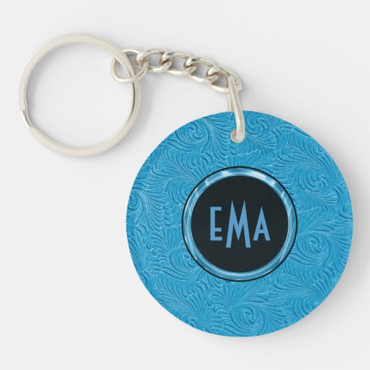 Mit Monogramm Sky Blue Embossed Blumenmuster Schlüsselanhänger (Vorderseite)