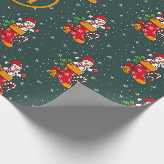 Mit Monogramm Snowman Candy Cane Pattern Weihnacht Geschenkpapier (Ecke)
