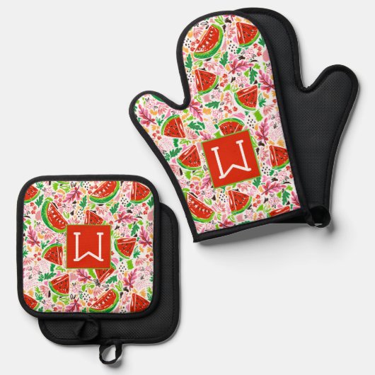 Mit Monogramm Sommerschmelone Fruchtmuster Ofenhandschuh & Topflappen-Set (Vorderseite/Rückseite)