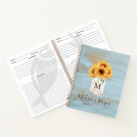 Mit Monogramm Sonnenblume Mason Jar Blaues Holzrez Notizblock (Innenseite)