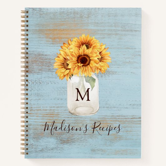 Mit Monogramm Sonnenblume Mason Jar Blaues Holzrez Notizblock (Vorderseite)