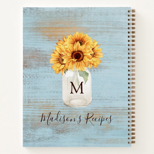 Mit Monogramm Sonnenblume Mason Jar Blaues Holzrez Notizblock (Rückseite)