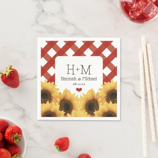 Mit Monogramm Sonnenblume und Rote Gingham Wedding Serviette (Beispiel)