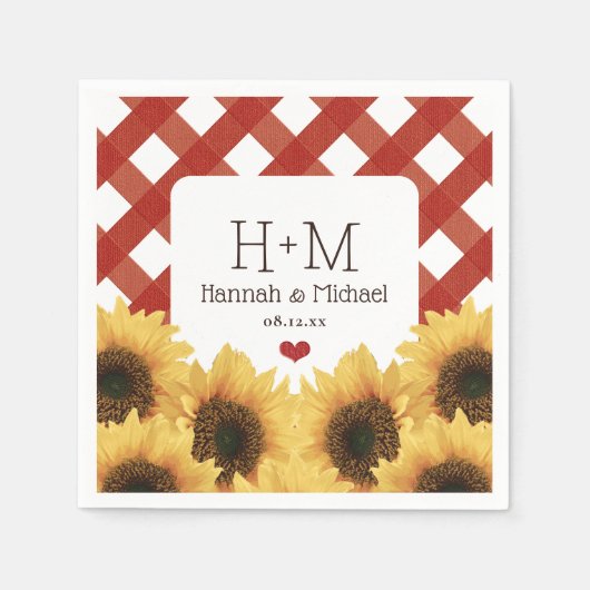 Mit Monogramm Sonnenblume und Rote Gingham Wedding Serviette (Vorderseite)