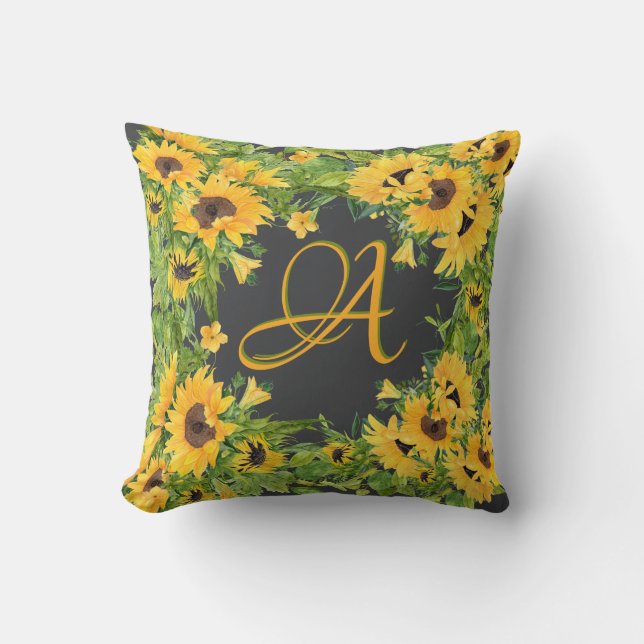 Mit Monogramm Sonnenblumen Graugelbe rustikale Dek Kissen (Vorderseite)