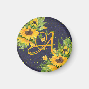 Mit Monogramm Sonnenblumen Navy Blue Yellow Deco Magnet