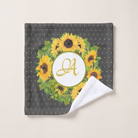 Mit Monogramm Sonnenblumen Punkte Gelb Dunkelgrau Badhandtuch Set (Waschlappen)