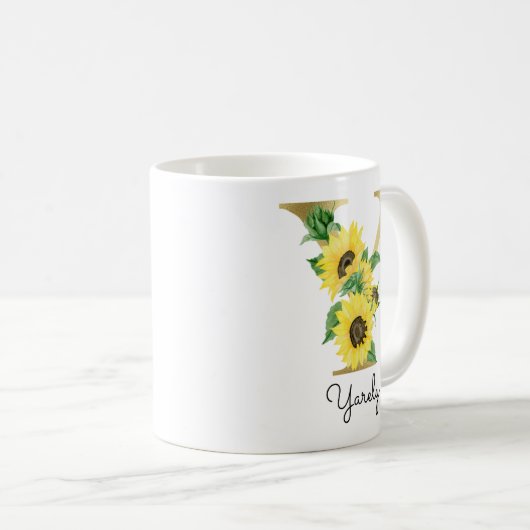 Mit Monogramm Sonnenblumenblume Kaffeetasse (VorderseiteRechts)