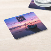 Mit Monogramm Sonnenuntergangsgewässer mit Schiff Rechteckiger Pappuntersetzer (angewinkelt)
