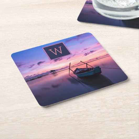 Mit Monogramm Sonnenuntergangsgewässer mit Schiff Rechteckiger Pappuntersetzer (angewinkelt)