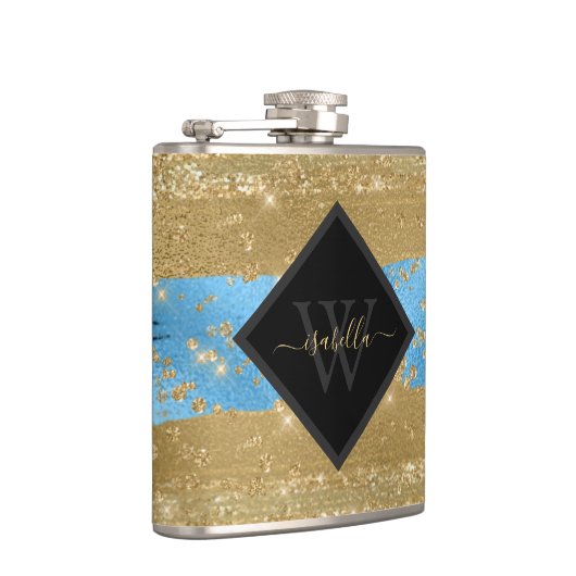 Mit Monogramm Spaß Modernes Gold Glitzer Script Flachmann (Rechts)