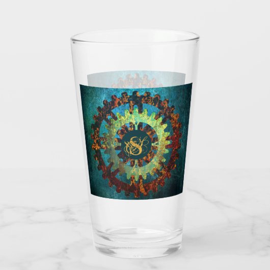 Mit Monogramm Steampunk Verdigris Rusty Cogwheel Glas (Rückseite)