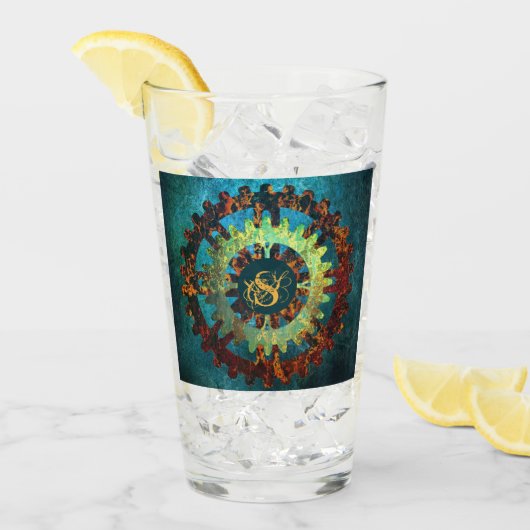 Mit Monogramm Steampunk Verdigris Rusty Cogwheel Glas (Vorderseite Ice)