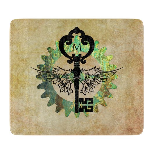 Mit Monogramm Steampunk Winged Key Rusty Cogwheel Schneidebrett (Vorderseite)