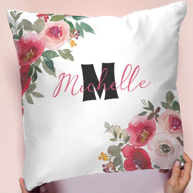 Mit Monogramm Stilvolle Blume in Rot und Rosa Kissen (Von Creator hochgeladen)