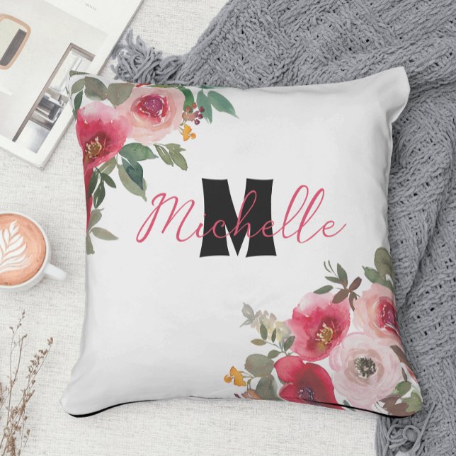 Mit Monogramm Stilvolle Blume in Rot und Rosa Kissen (Von Creator hochgeladen)