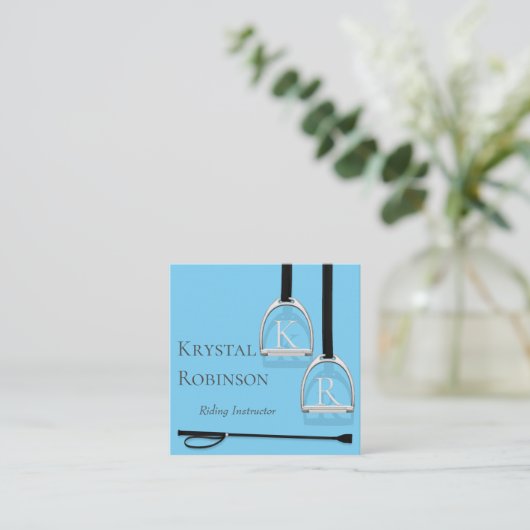 Mit Monogramm Stirrup Irons Blue Equestrian Square Quadratische Visitenkarte (Stehend Vorderseite)