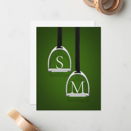 Mit Monogramm Stirrup Irons Hunter Green Reittier Mitteilungskarte (Vorderseite/Rückseite Beispiel)