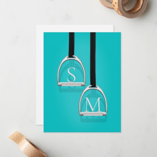Mit Monogramm Stirrup Irons Türkis Reittier Mitteilungskarte (Vorderseite/Rückseite Beispiel)