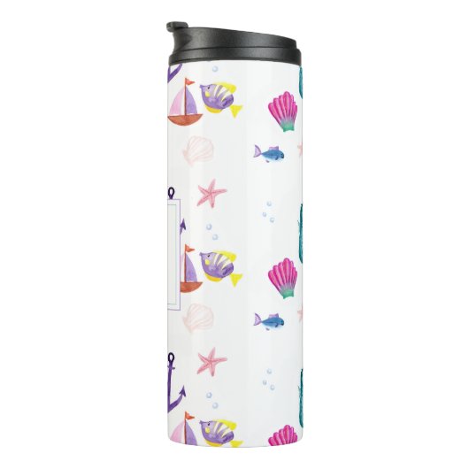 Mit Monogramm Strandbäder Kinder Badeanstalt Meer Thermosbecher (Nach rechts gedreht)