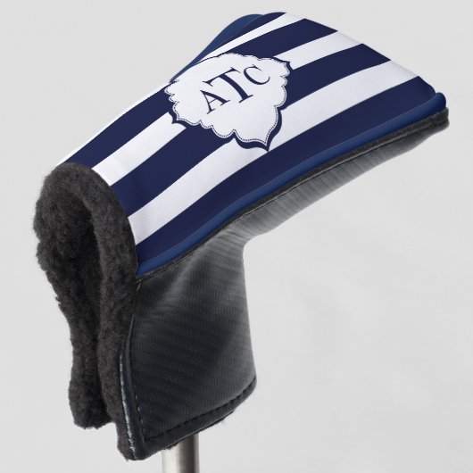 Mit Monogramm Streifen in Royal Blue und White Golf Headcover (3/4 Vorderseite)