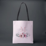 Mit Monogramm Tasche<br><div class="desc">Botanischer Chic floral elegante Pflanze blättern graue rot-grüne Blume monogramm Tote Tasche.</div>