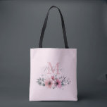 Mit Monogramm Tasche<br><div class="desc">Botanischer Chic floral elegante Pflanze blättern graue rot-grüne Blume monogramm Tote Tasche.</div>