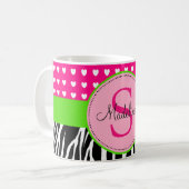 Mit Monogramm Tasse des rosa und grünen Zebra (Vorderseite Links)