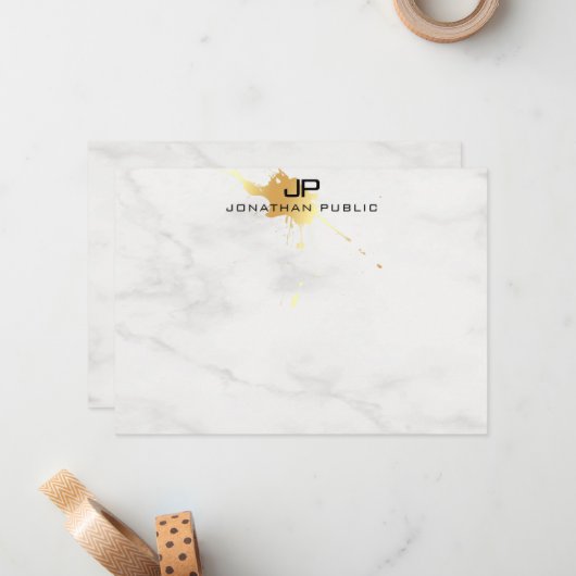 Mit Monogramm Template Weißer Marmor Elegantes Gol Mitteilungskarte (Vorderseite/Rückseite Beispiel)