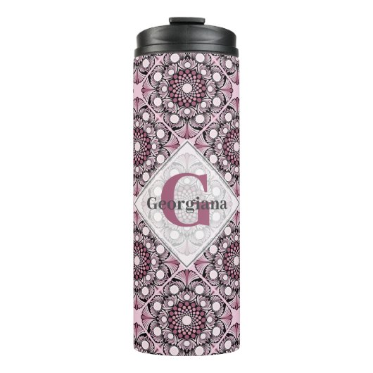 Mit Monogramm Tile Dusky Rose Cherry Blossom Manda Thermosbecher (Vorderseite)