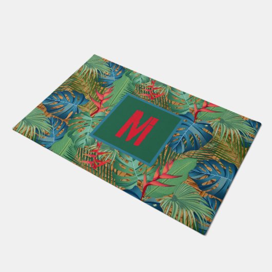 Mit Monogramm Tropenflora auf Wicker Print Fußmatte (Schrägansicht)