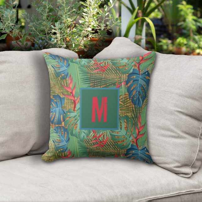 Mit Monogramm Tropenflora auf Wicker Print Kissen (Monogrammed Tropical Floral on Wicker Print Outdoor Pillow - 2 sizes)